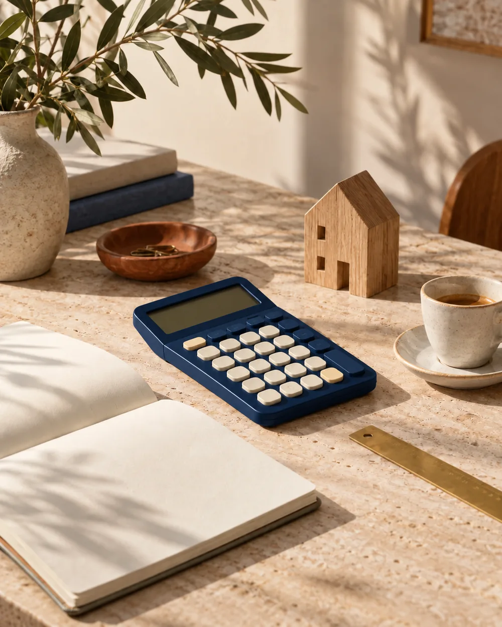 Calculatrice bleu nuit, carnet et petite maison en bois sur un bureau ensoleillé