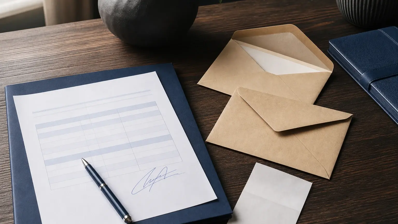 Document posé sur un dossier bleu avec un stylo, deux enveloppes kraft et un carnet bleu sur une table en bois.