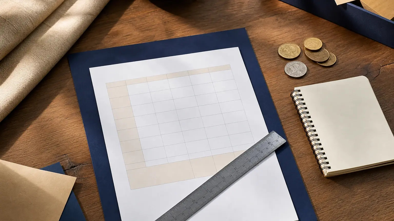 Feuille quadrillée, règle métallique, pièces de monnaie et carnet vierge disposés sur un bureau en bois.