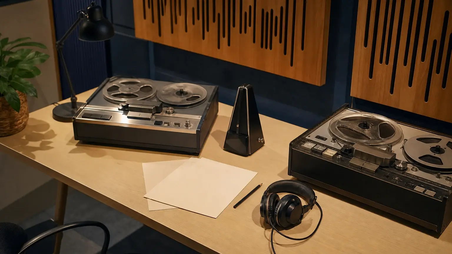 Deux magnétophones à bandes, un métronome et un casque audio sont posés sur une table dans un studio traité acoustiquement.