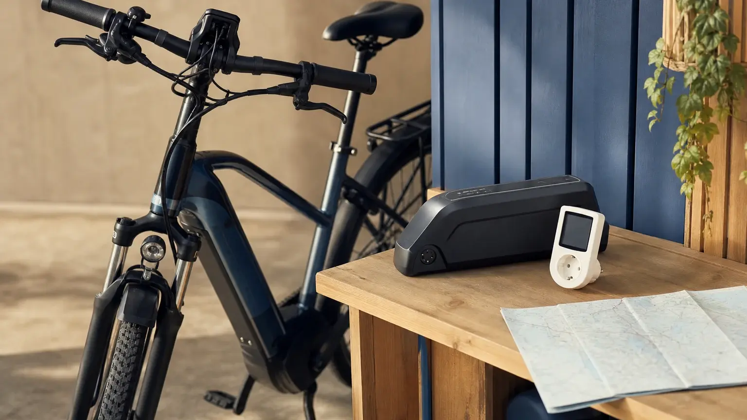 Un vélo électrique noir est placé près d’une table où reposent une batterie, un compteur électrique et une carte dépliée.