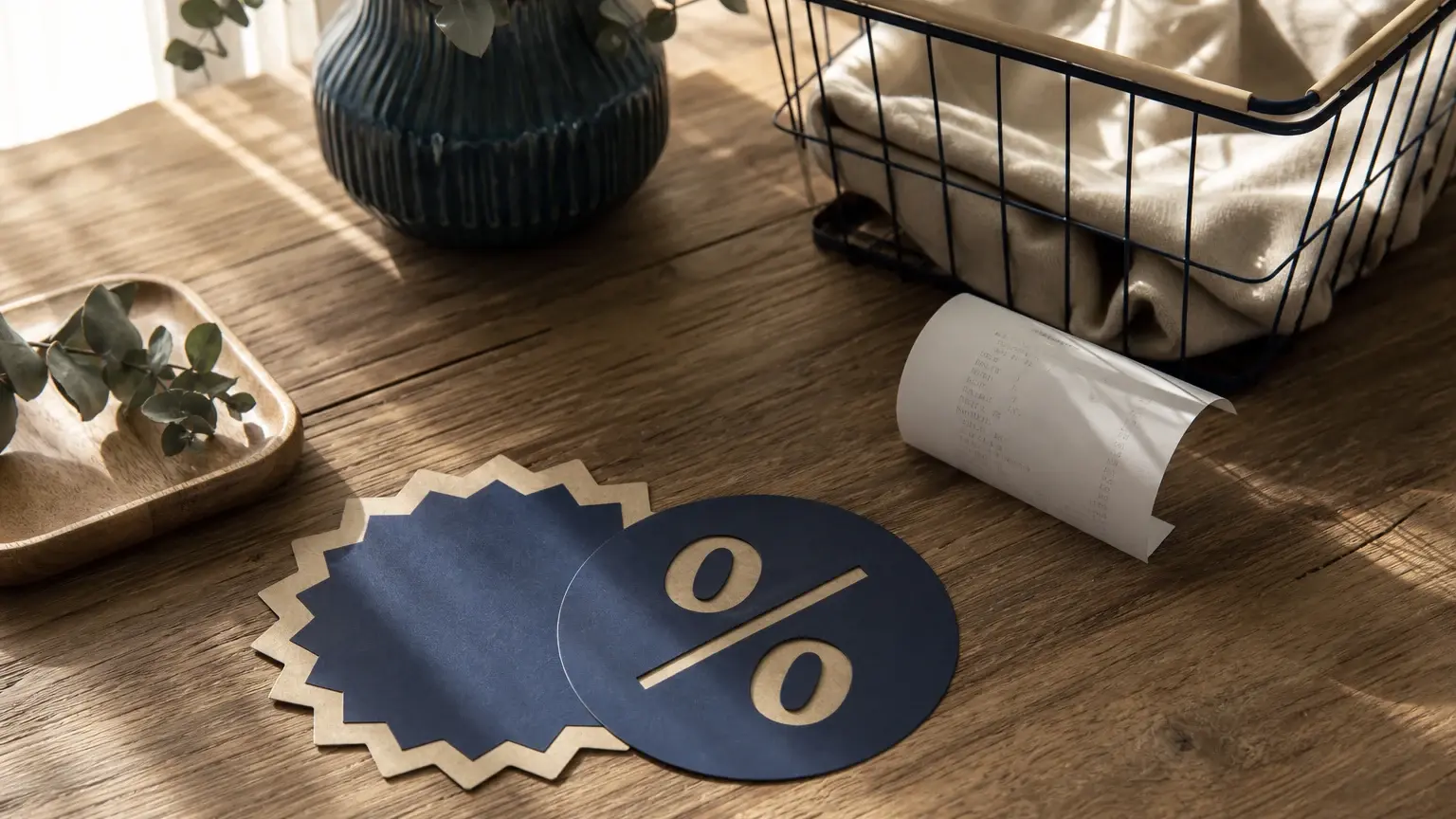 Symbole de pourcentage en carton posé sur une table en bois, près d’un reçu imprimé, d’un vase et d’un panier.