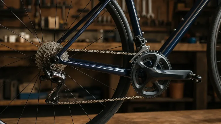 Gros plan sur la transmission d’un vélo bleu, avec cassette arrière, chaîne, dérailleur et pédalier à deux plateaux visibles.