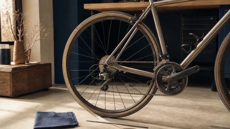 Vélo de route argenté vu de côté, avec chaîne, cassette, pédalier et roue arrière visibles dans un intérieur.