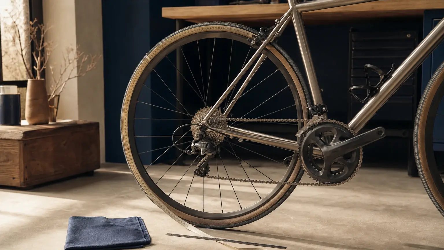 Vélo de route argenté vu de côté, avec chaîne, cassette, pédalier et roue arrière visibles dans un intérieur.