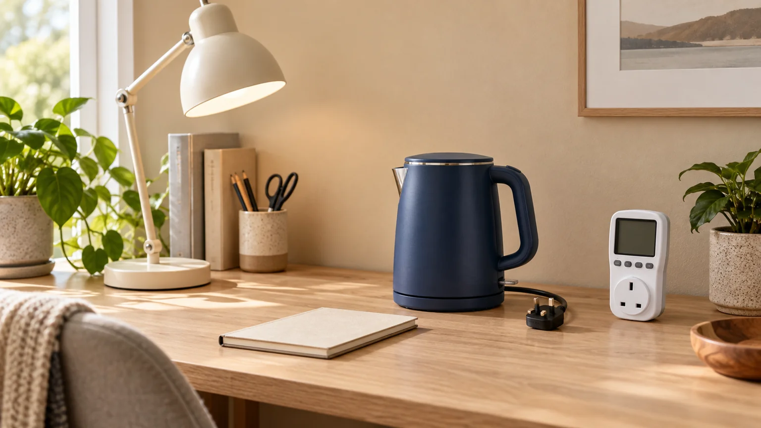 Lampe, bouilloire et compteur de consommation sur une table claire.