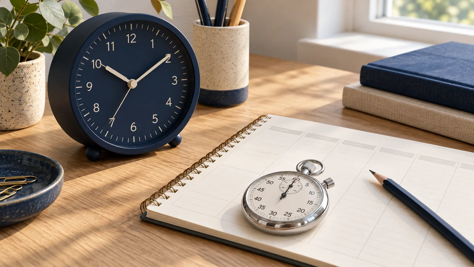 Horloge bleu nuit et chronomètre posés sur un agenda ouvert.