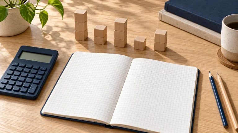 Cahier quadrillé, calculatrice et piles de cubes en bois sur un bureau.