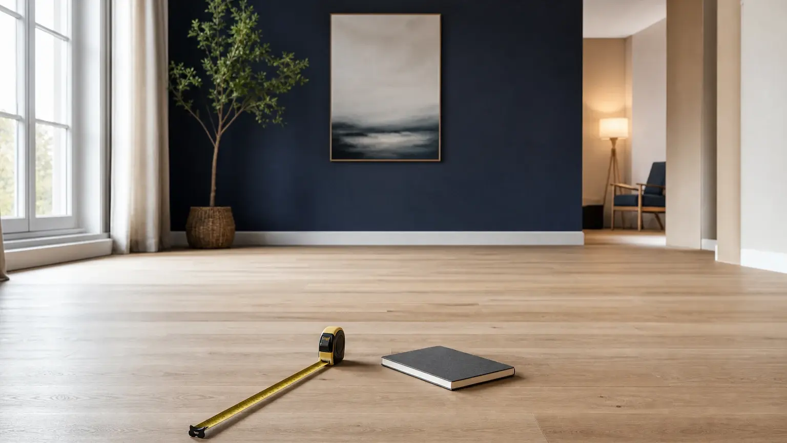 Pièce intérieure lumineuse au sol en bois, avec un mur bleu, une plante, des fenêtres et un mètre ruban posé au premier plan.