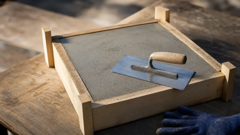 Une dalle de béton frais est coulée dans un coffrage en bois, avec une taloche posée sur sa surface et un gant bleu au premier plan.