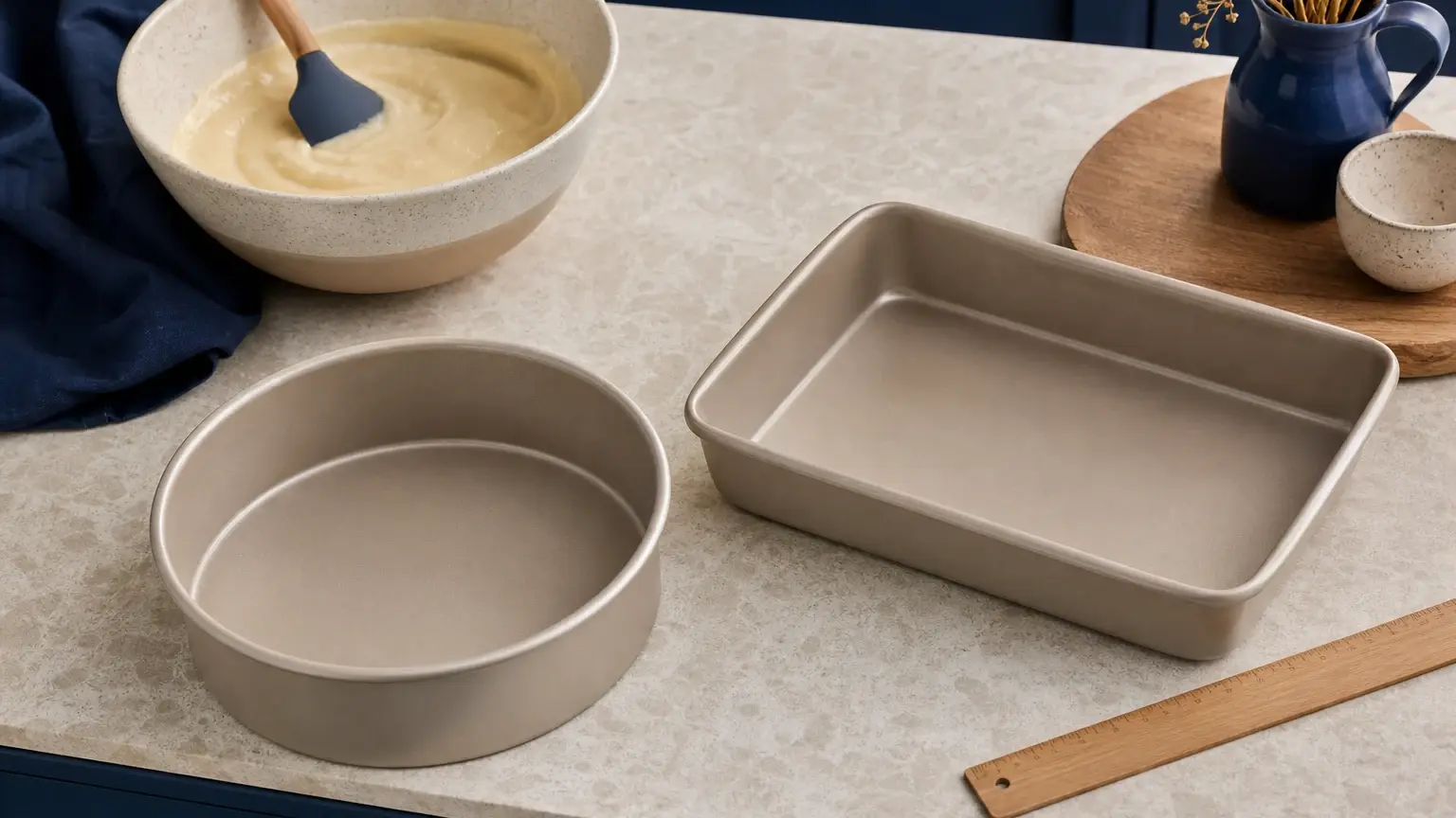 Un saladier de pâte avec spatule est posé près de deux moules à gâteau, l’un rond et l’autre rectangulaire, et d’une règle en bois.