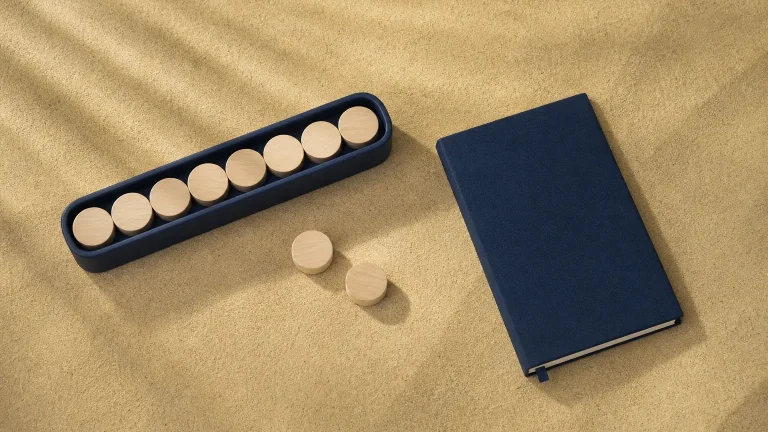 Huit jetons en bois sont alignés dans un support bleu, tandis que deux autres sont posés à côté d’un carnet bleu fermé.