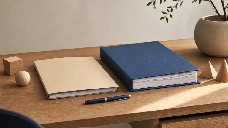 Deux cahiers, l’un beige et l’autre bleu, sont posés sur un bureau en bois avec un stylo et quelques objets décoratifs.
