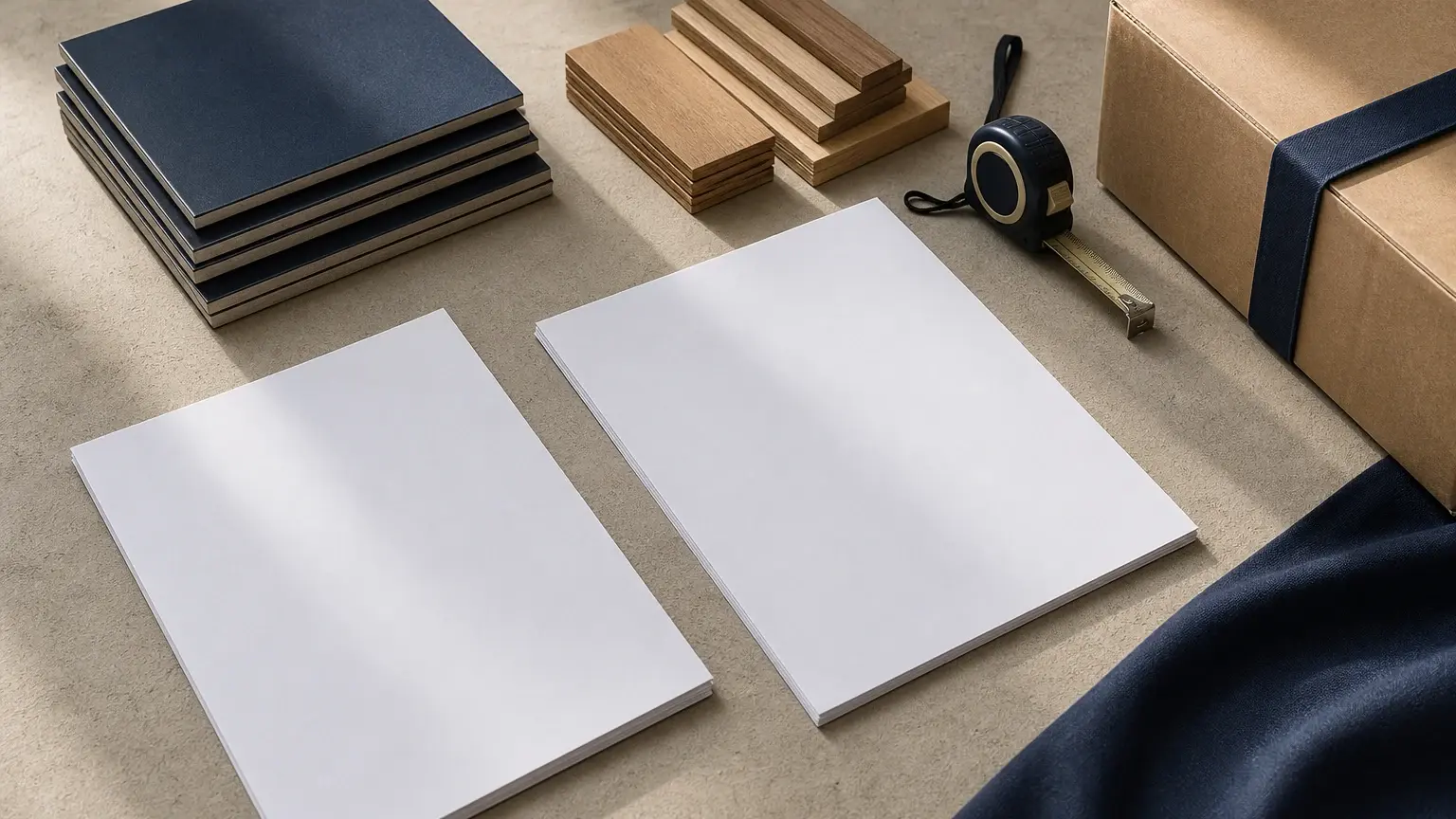 Deux piles de panneaux blancs, des panneaux sombres et des échantillons de bois sont disposés au sol avec un mètre ruban et des cartons.