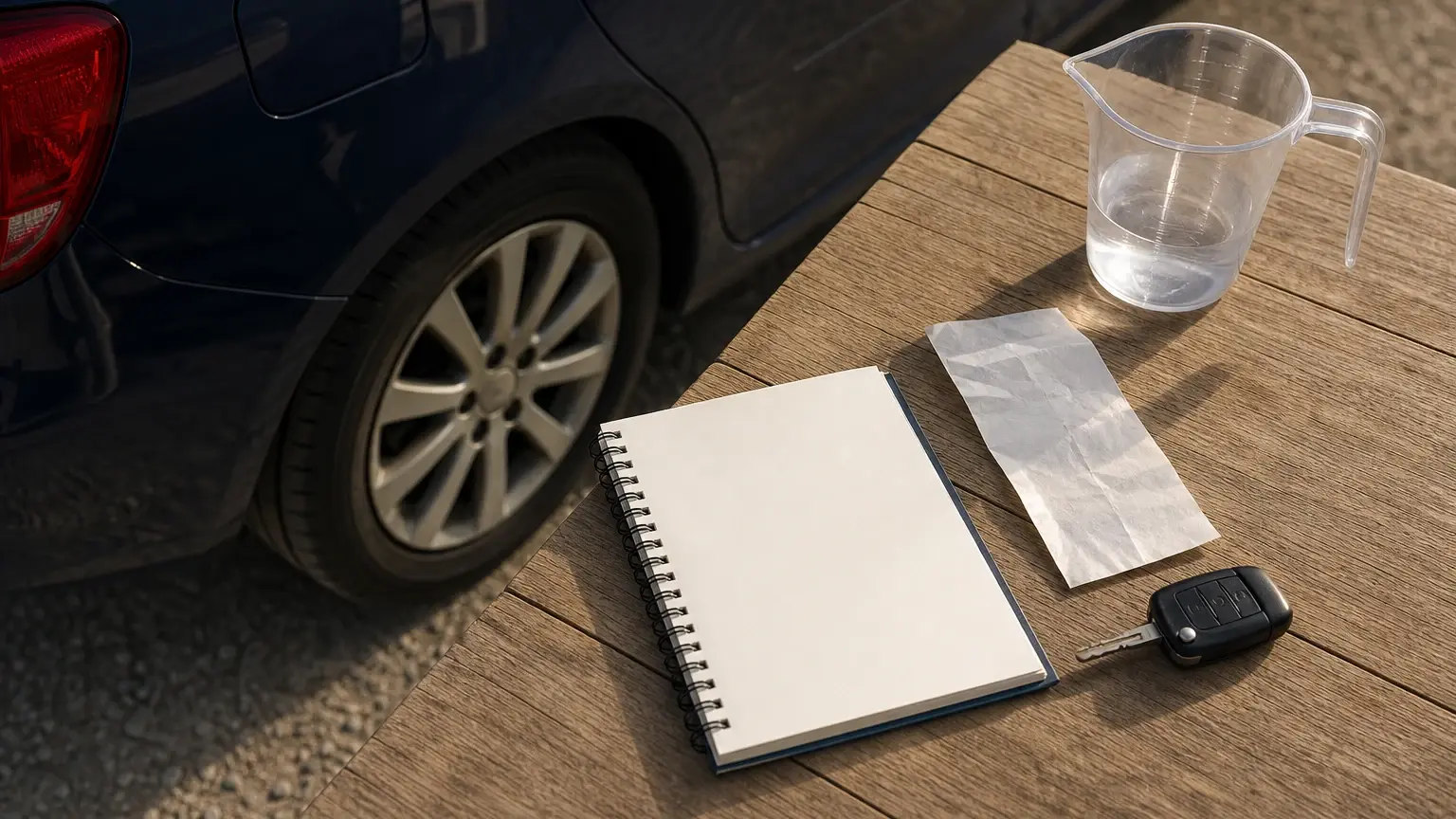 Une voiture sombre est garée près d’une table en bois où sont posés un carnet vierge, un ticket, un verre doseur et des clés.