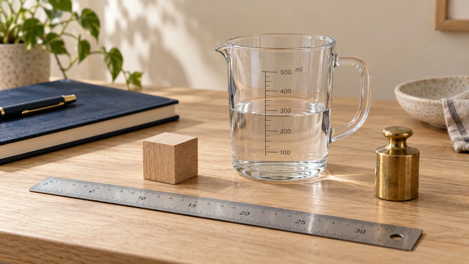 Règle, cube en bois, poids et récipient gradué sur une table claire.