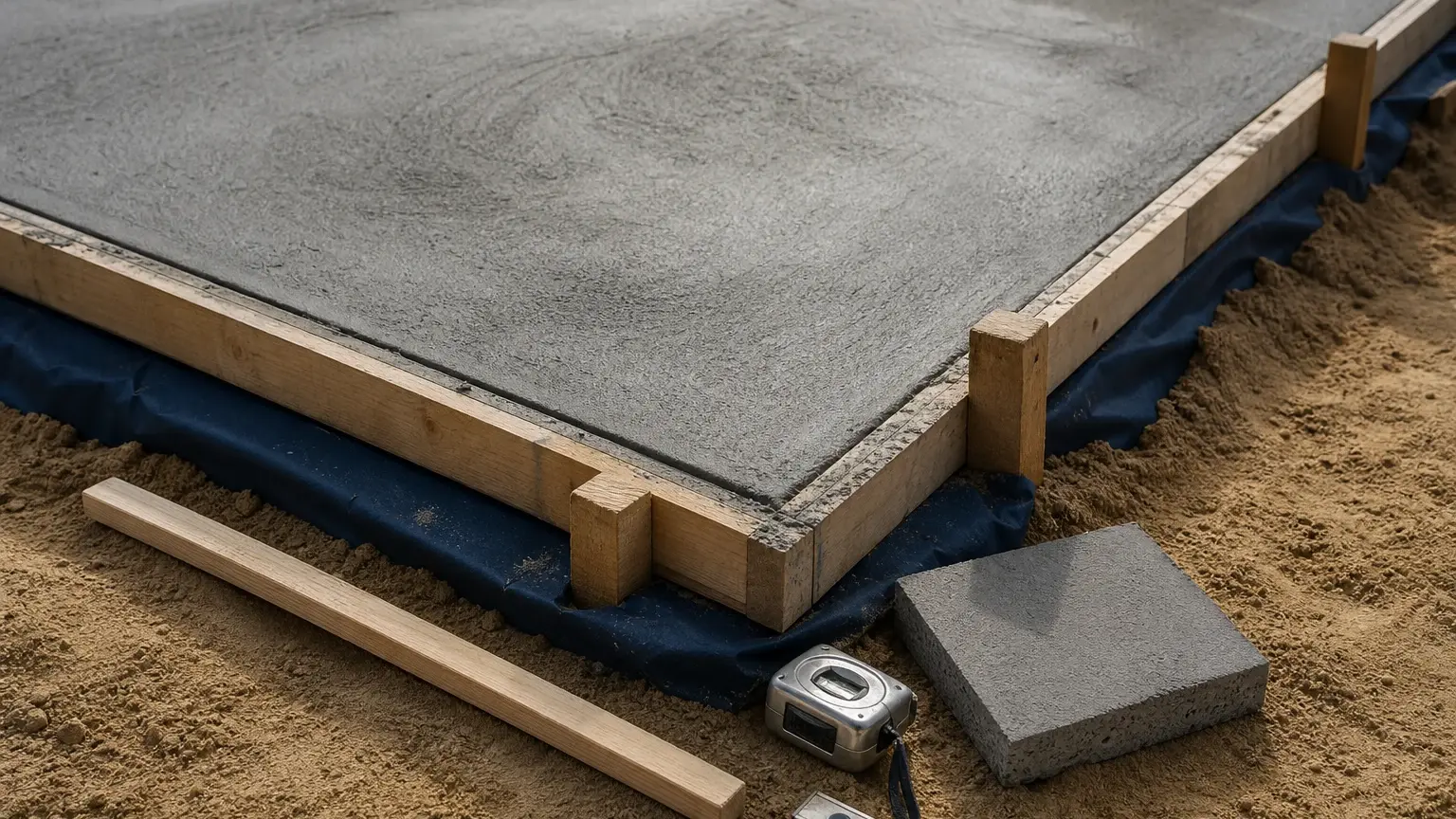Dalle de béton fraîchement coulée dans un coffrage en bois, posée sur une bâche bleue avec sable, mètre ruban et parpaing.