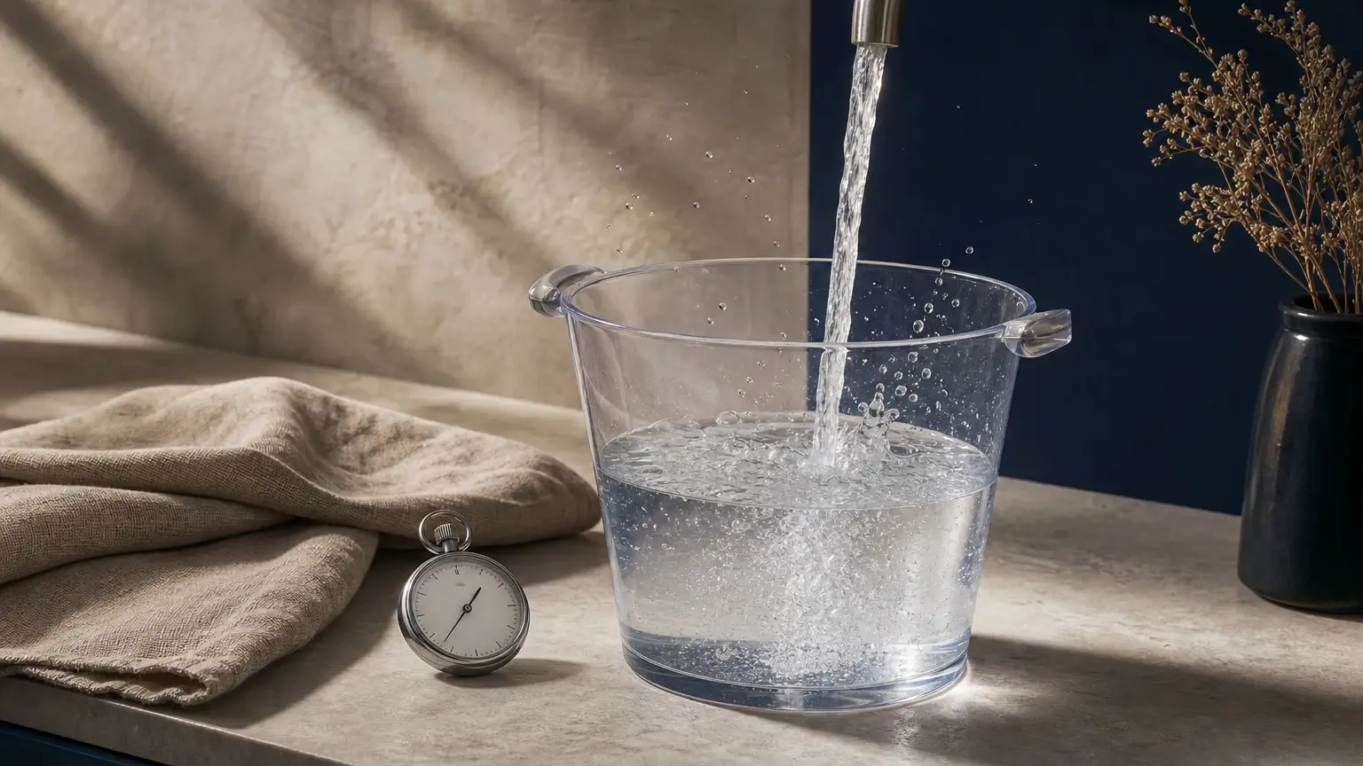 Un robinet verse de l’eau dans un seau transparent posé sur un plan de travail, à côté d’un chronomètre.