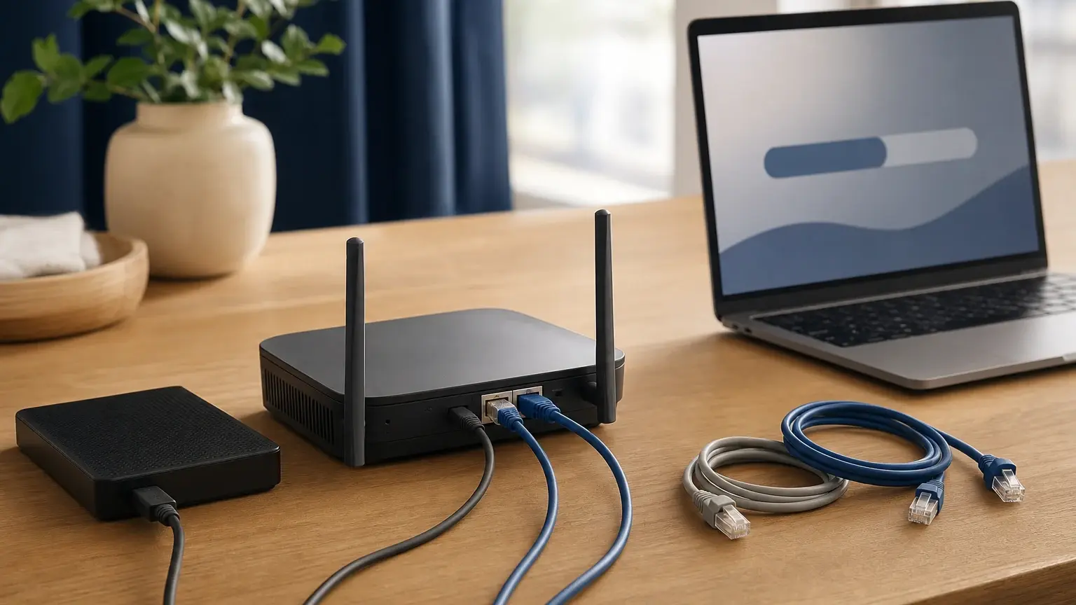 Routeur Wi‑Fi avec câbles Ethernet, disque externe et ordinateur portable affichant une barre de progression sur un bureau.
