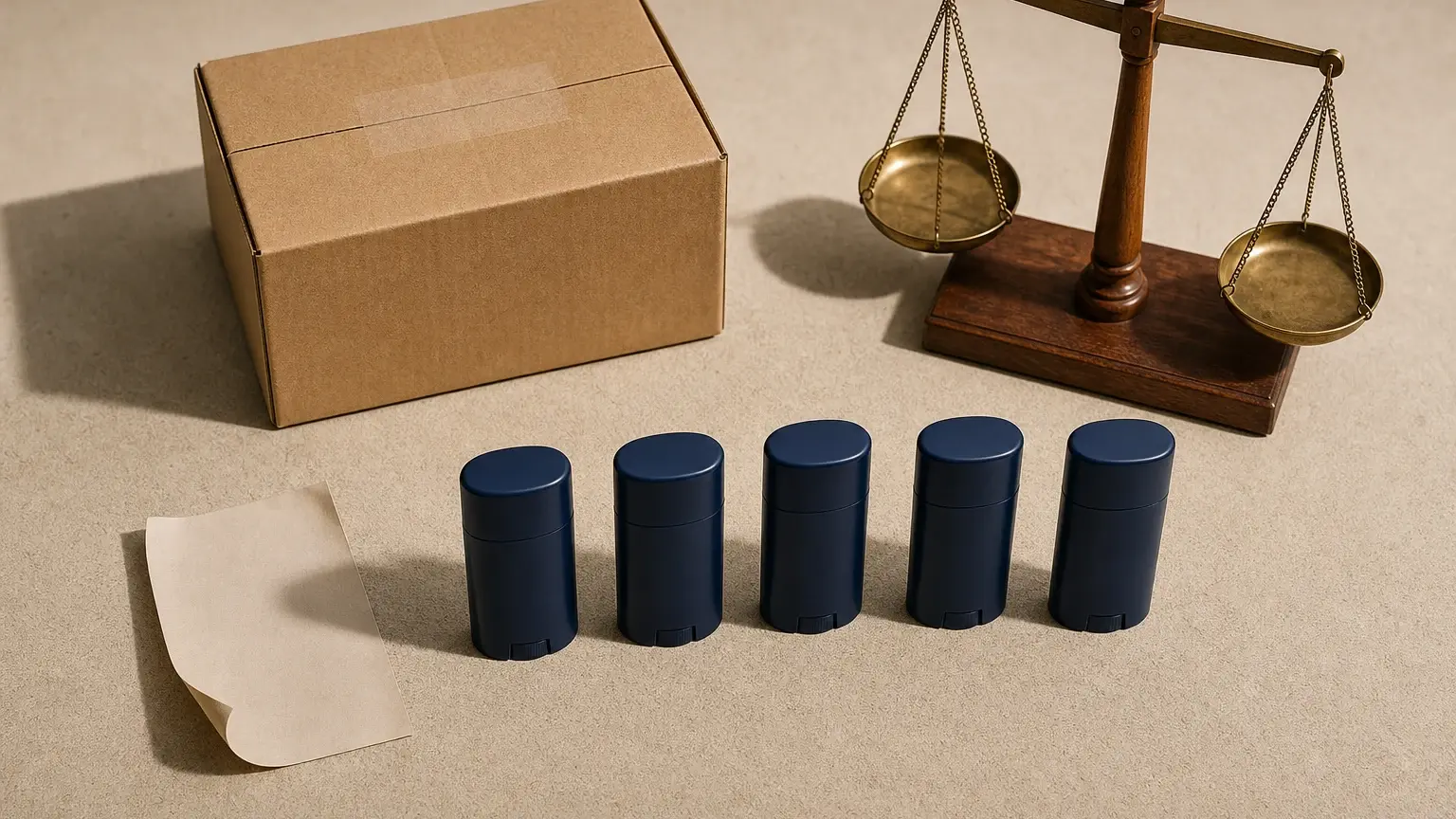 Une boîte en carton, cinq petits contenants bleus et une balance à plateaux sont disposés sur une surface claire, près d’une feuille.