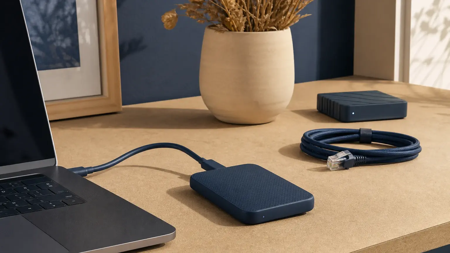 Ordinateur portable relié par câble à un disque externe posé sur un bureau, avec un second câble réseau enroulé à proximité.