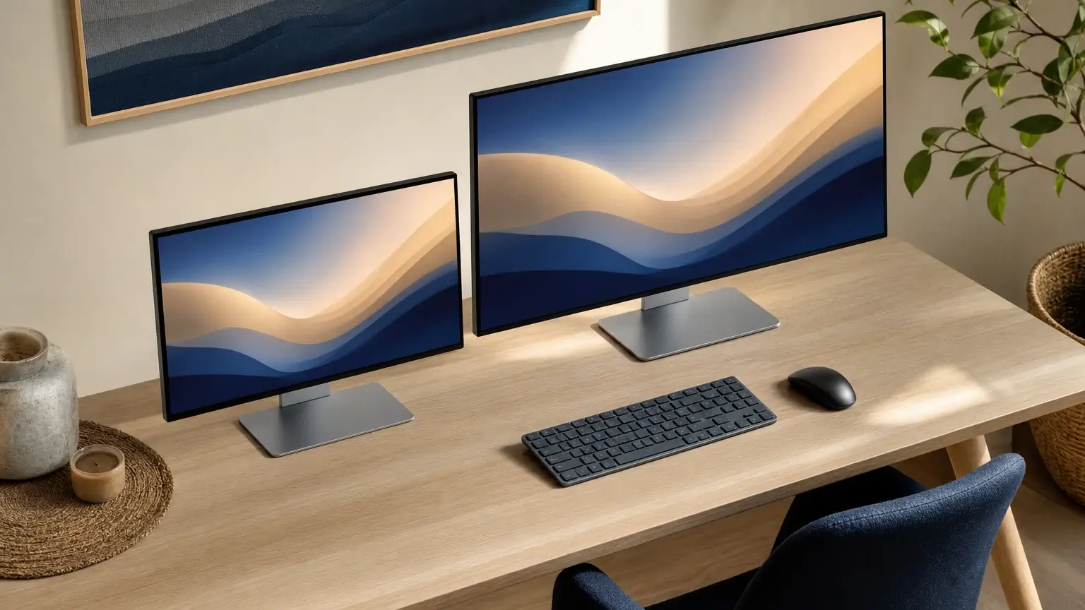 Deux écrans plats affichant le même paysage abstrait sont posés côte à côte sur un bureau, avec un clavier et une souris devant eux.