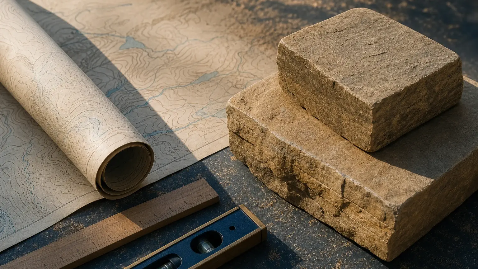 Carte topographique partiellement roulée, blocs de pierre empilés, règle en bois et niveau à bulle posés sur une table.