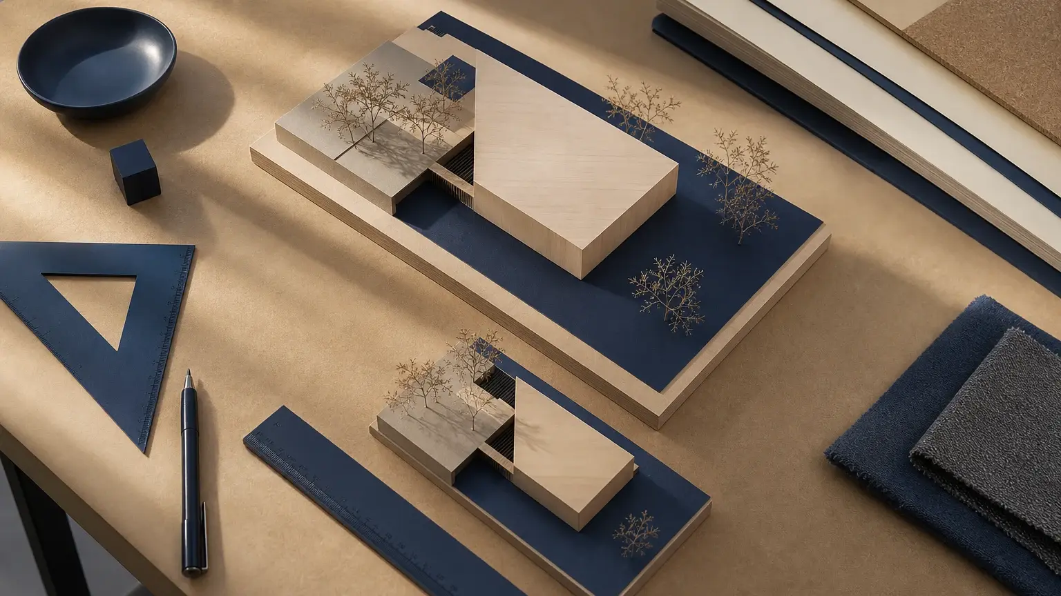 Deux maquettes architecturales en bois et bleu, de tailles différentes, sont posées sur une table avec règle, équerre, stylo et échantillons.