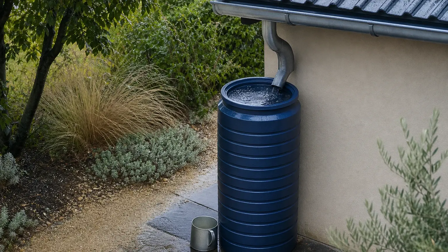 Un récupérateur d’eau de pluie bleu reçoit l’eau d’une gouttière au pied d’une maison, dans un jardin végétalisé.