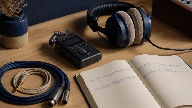 Enregistreur audio portable, casque circum-aural, câbles et carnet montrant des formes d’onde posés sur un bureau en bois.
