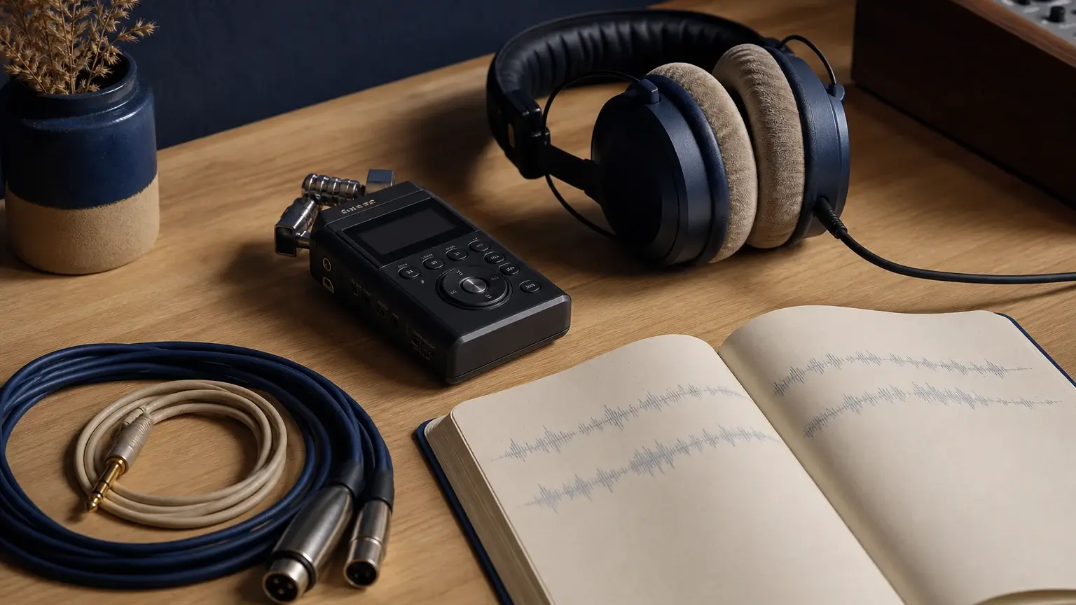 Enregistreur audio portable, casque circum-aural, câbles et carnet montrant des formes d’onde posés sur un bureau en bois.