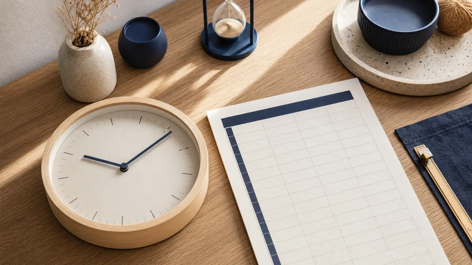 Une horloge ronde en bois posée sur une table côtoie une feuille quadrillée, un sablier, un vase et un stylo.