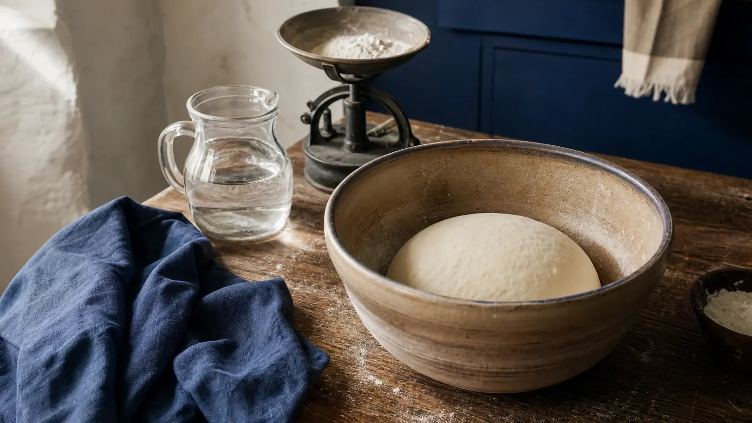 Sur une table en bois, une boule de pâte repose dans un grand bol, près d’une carafe d’eau et d’une balance contenant de la farine.