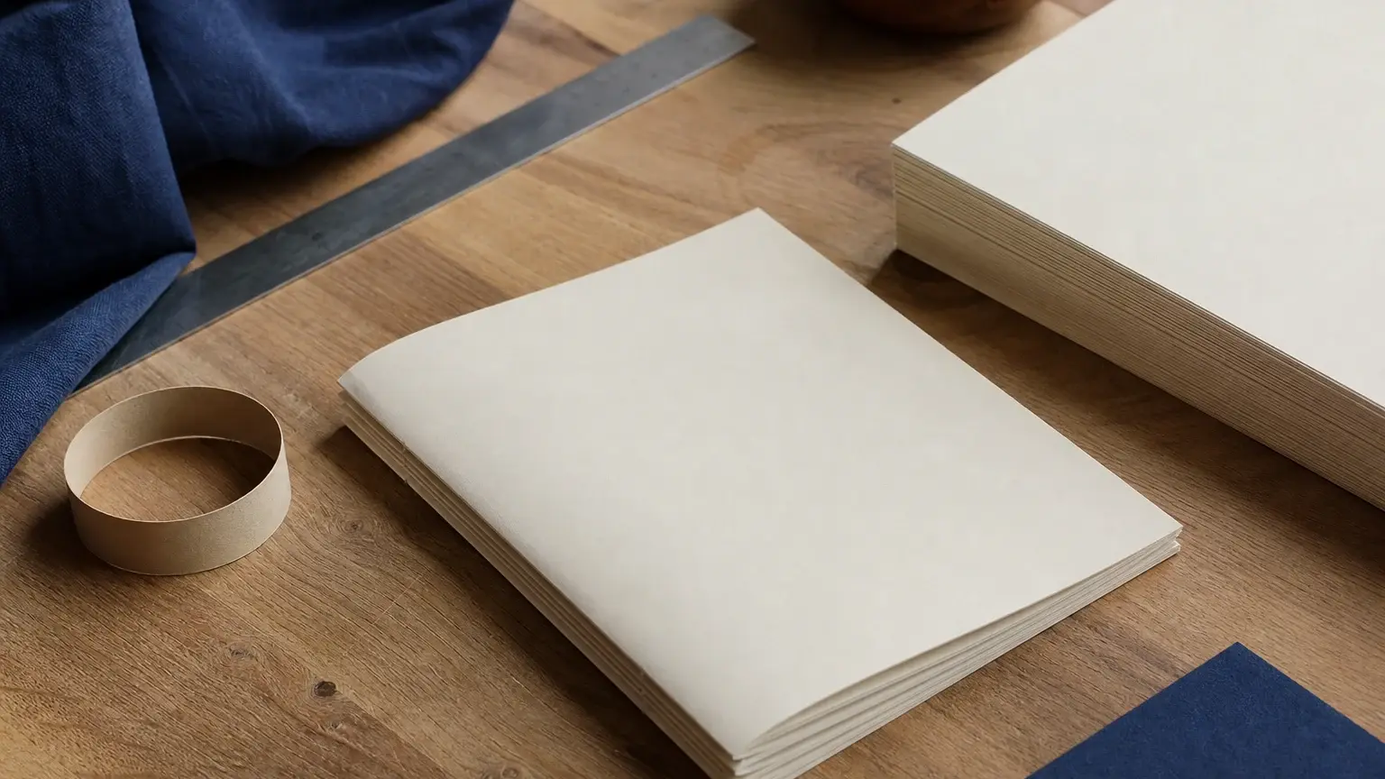 Deux piles de feuilles blanches reposent sur une table en bois, avec une règle métallique et un anneau en papier à proximité.