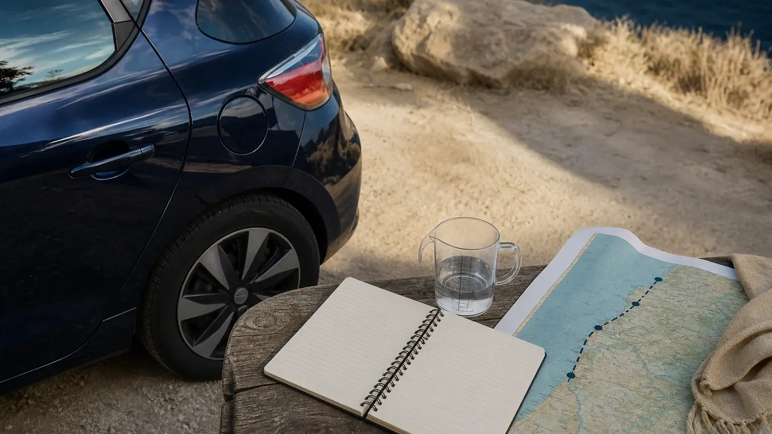 Arrière d’une voiture bleue stationnée près d’une table avec une carte routière, un carnet ouvert et un verre doseur.