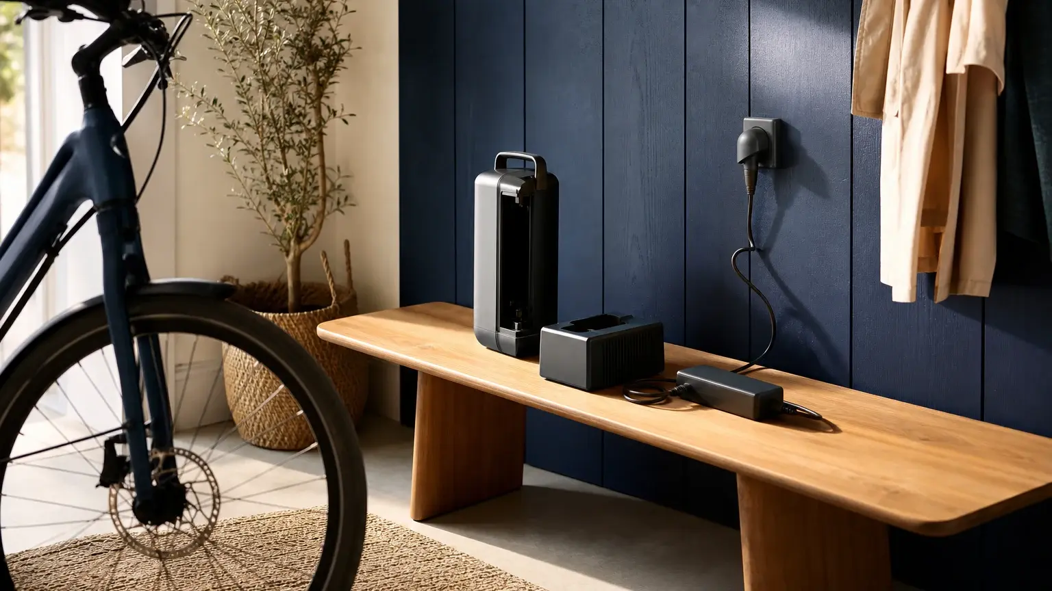 Vélo électrique partiellement visible à côté d’une batterie amovible et d’un chargeur branché, posés sur un banc en bois.