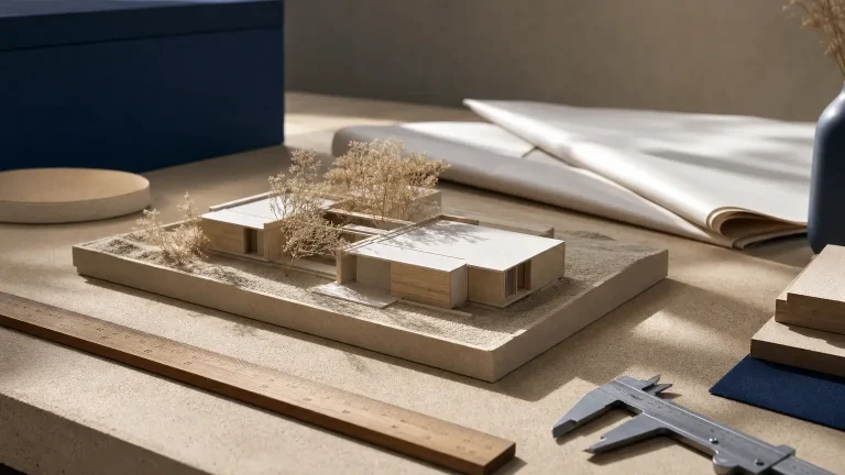Maquette architecturale d’une maison sur socle paysager, entourée d’arbres miniatures, avec une règle et un pied à coulisse au premier plan.