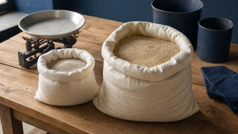 Deux sacs de grains de tailles différentes sont posés sur une table en bois, près d’une balance et de récipients métalliques.