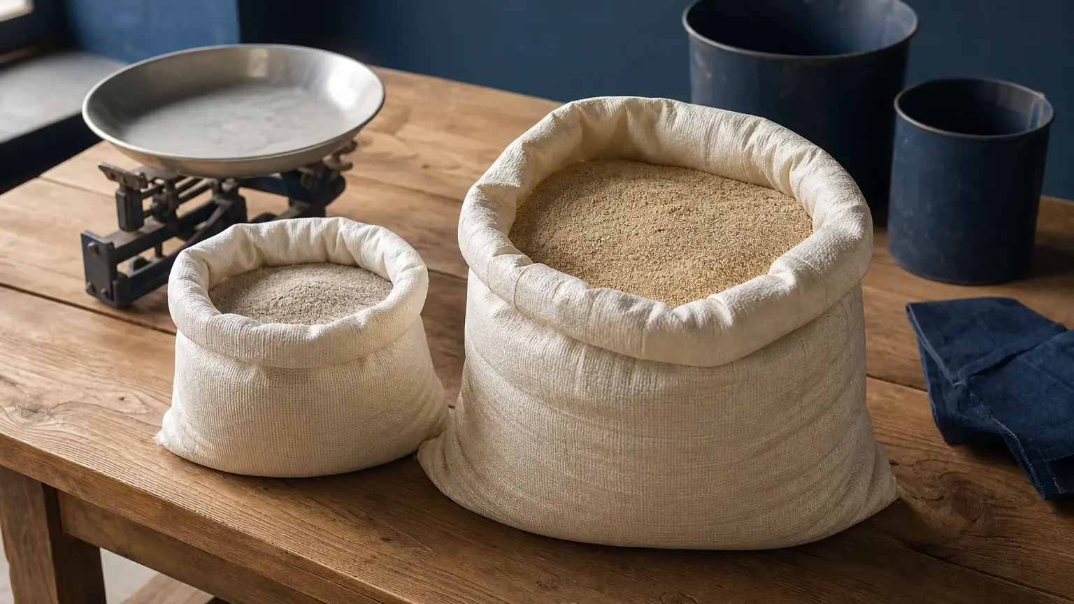 Deux sacs de grains de tailles différentes sont posés sur une table en bois, près d’une balance et de récipients métalliques.
