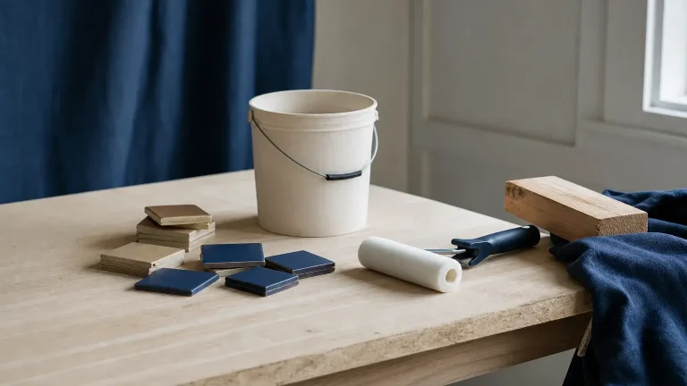 Seau blanc, carreaux de différentes couleurs, rouleau de peinture et pinceau posés sur une table en bois avec une planche.