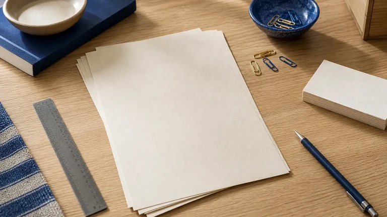 Sur un bureau en bois, des feuilles vierges sont entourées d’un stylo, d’une règle, de trombones et de fournitures scolaires.