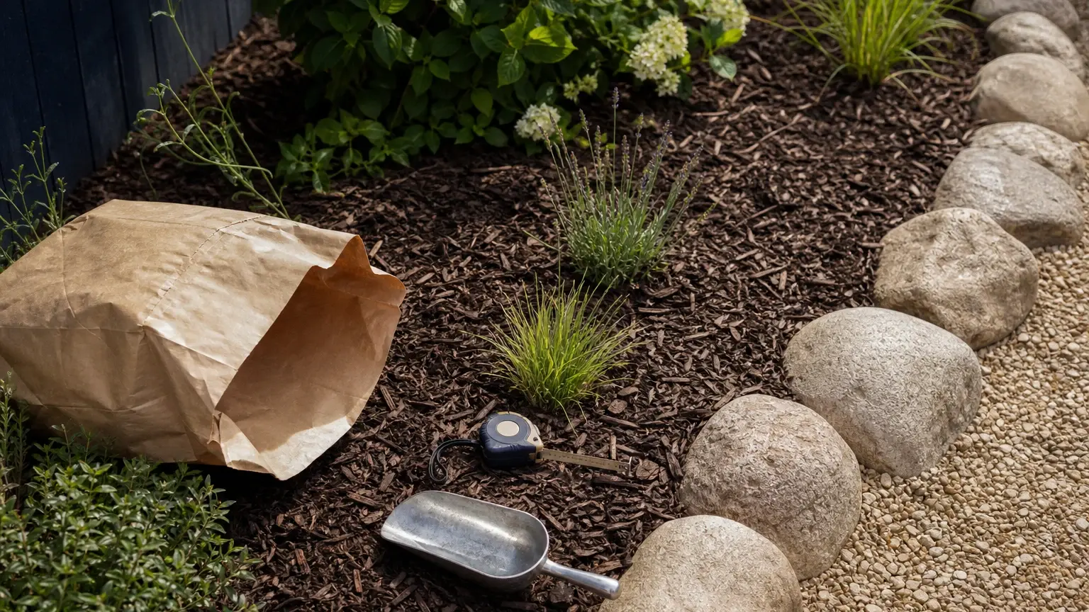 Massif de jardin couvert de copeaux de bois, bordé de pierres, avec un sac en papier, un mètre ruban et une pelle métallique.