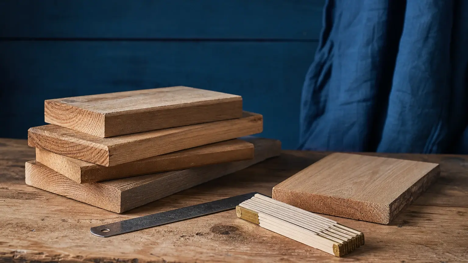 Plusieurs planches de bois empilées et posées sur un établi, accompagnées d’une règle métallique et d’un mètre pliant.
