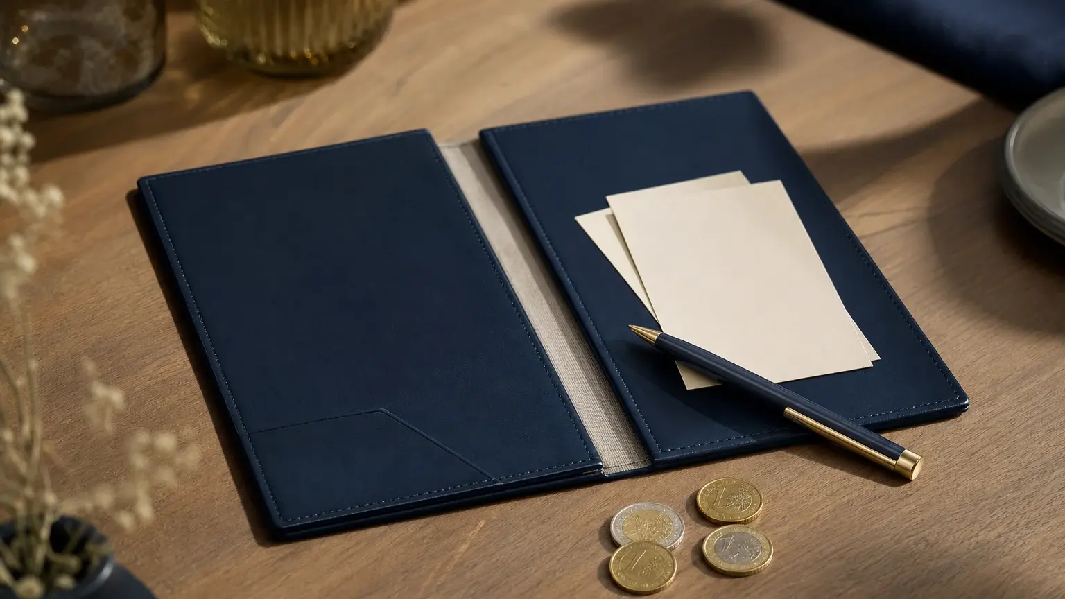 Deux porte-additions bleu marine, des cartes vierges, un stylo et plusieurs pièces reposent sur une table en bois.