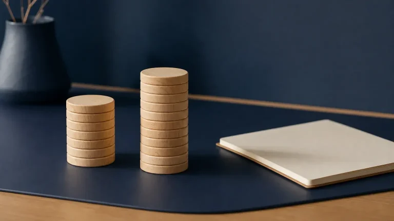 Deux piles de pièces en bois de hauteurs différentes sont posées sur un bureau sombre, près d’un carnet et d’un vase.