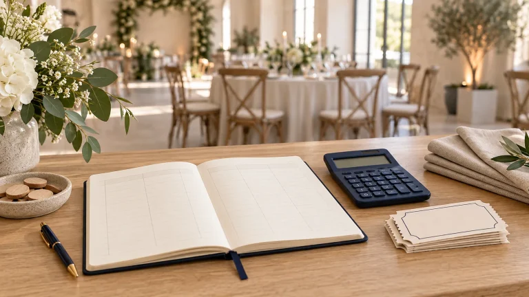 Carnet de budget, calculatrice et billets vierges devant une salle de réception.