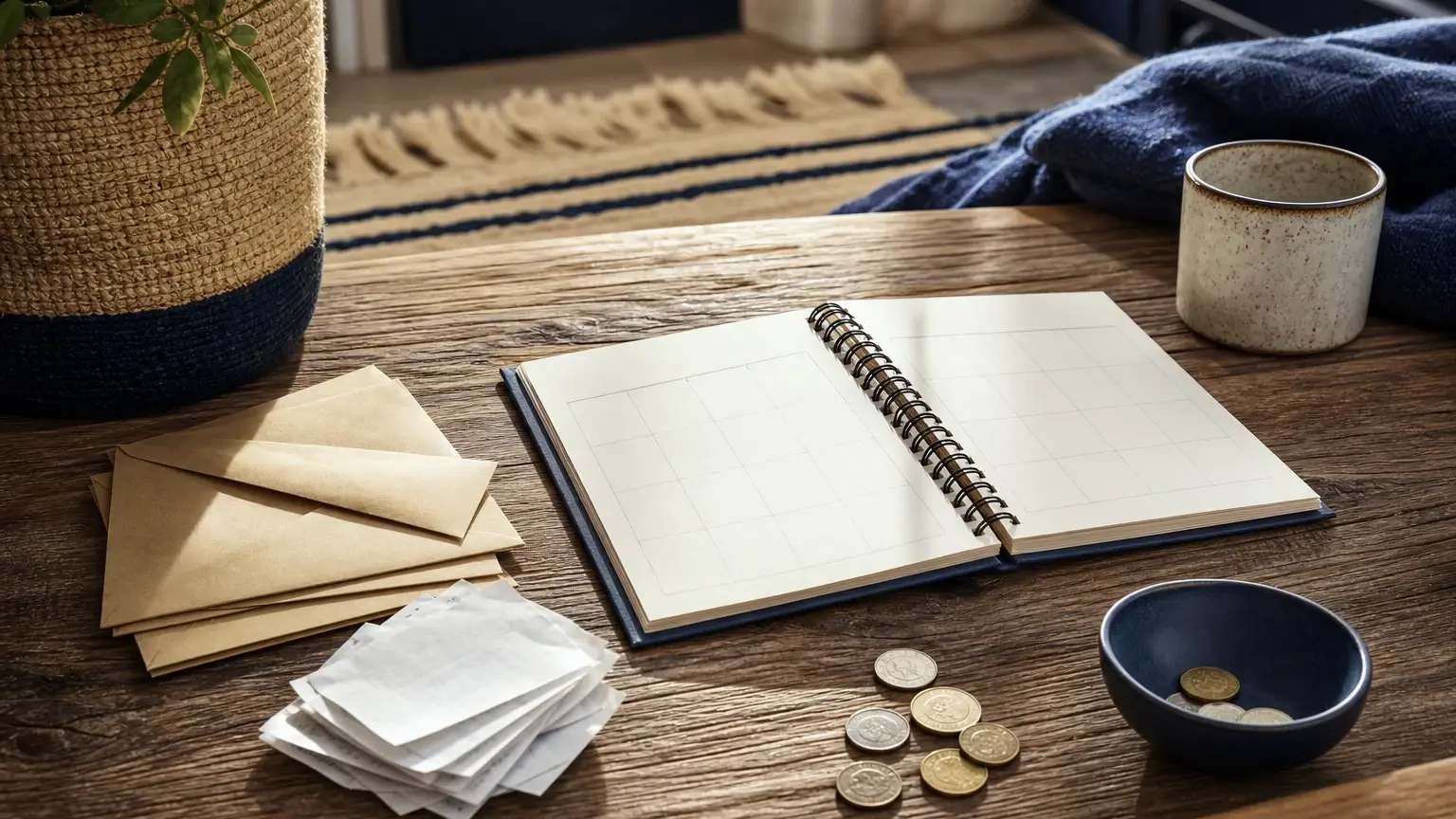 Carnet ouvert sur une table en bois, entouré d’enveloppes, de pièces de monnaie, d’un bol, d’une tasse et d’une plante.