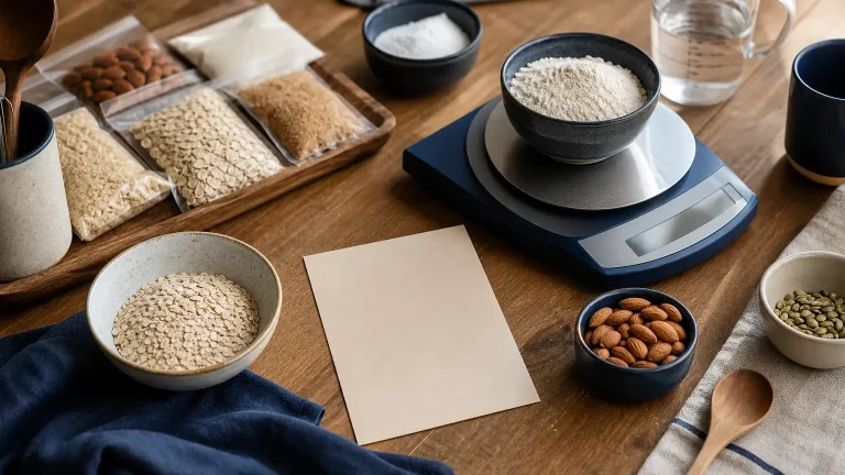 Balance de cuisine avec un bol de farine, des ingrédients secs, des amandes, des graines et des récipients disposés sur une table en bois.