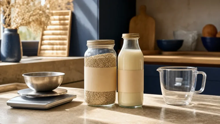Une balance avec un bol, un bocal de graines, une bouteille de liquide et un verre doseur sont disposés sur un plan de travail.