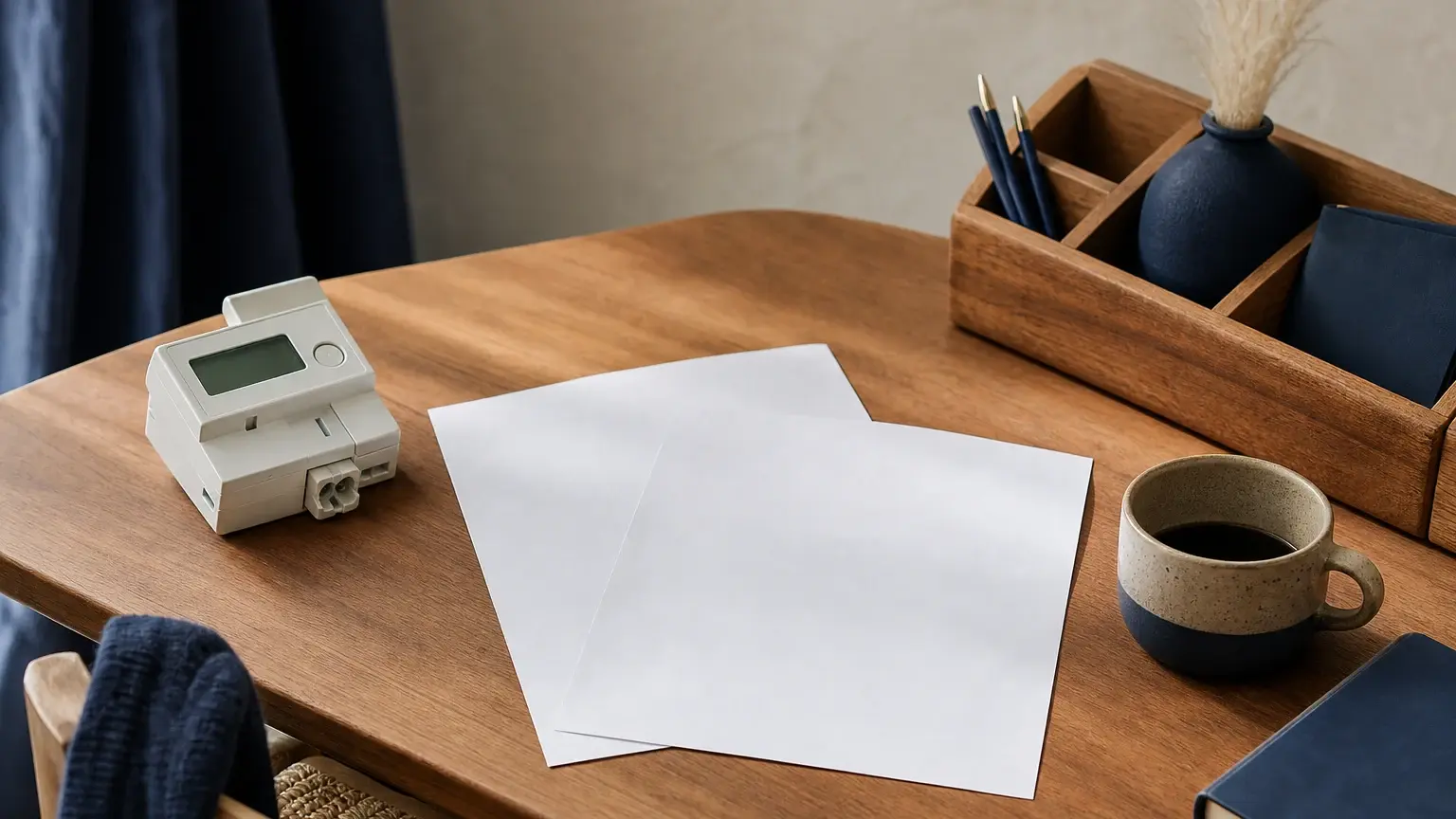 Compteur électrique posé sur un bureau en bois, à côté de feuilles blanches et d’une tasse de café.